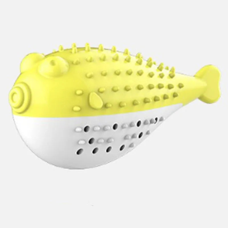 Blue silicone fish-shaped chew toy for cats on a plain background