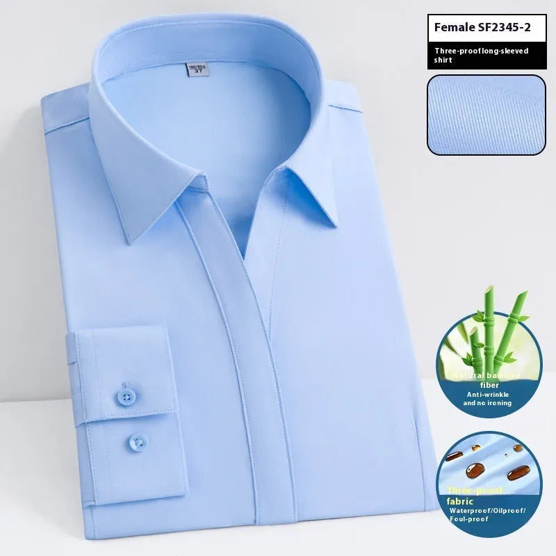Men's slim fit waterproof bamboo fibre dress shirt with square collar and long sleeves.