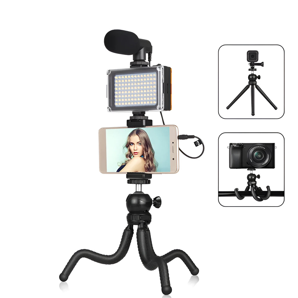 Black Octopus Yripod live broadcast kit with flexible legs, ballhead, and fill light microphone for iPhone.
