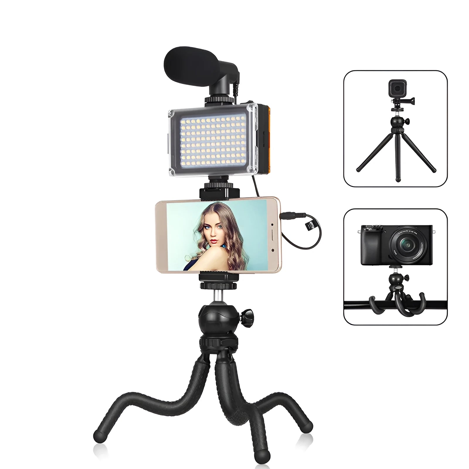 Black Octopus Yripod live broadcast kit with flexible legs, ballhead, and fill light microphone for iPhone.