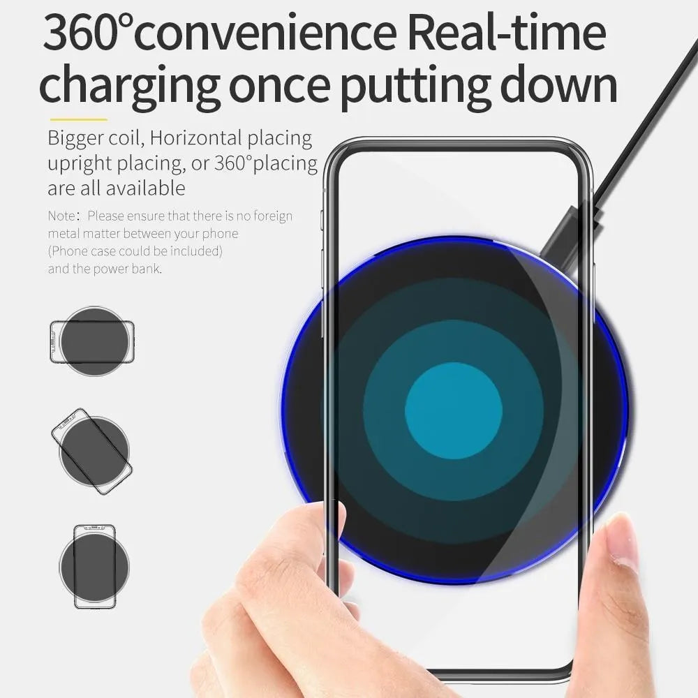 Black square ultra-thin wireless charging pad for smartphones with fast 9V Qi charging.