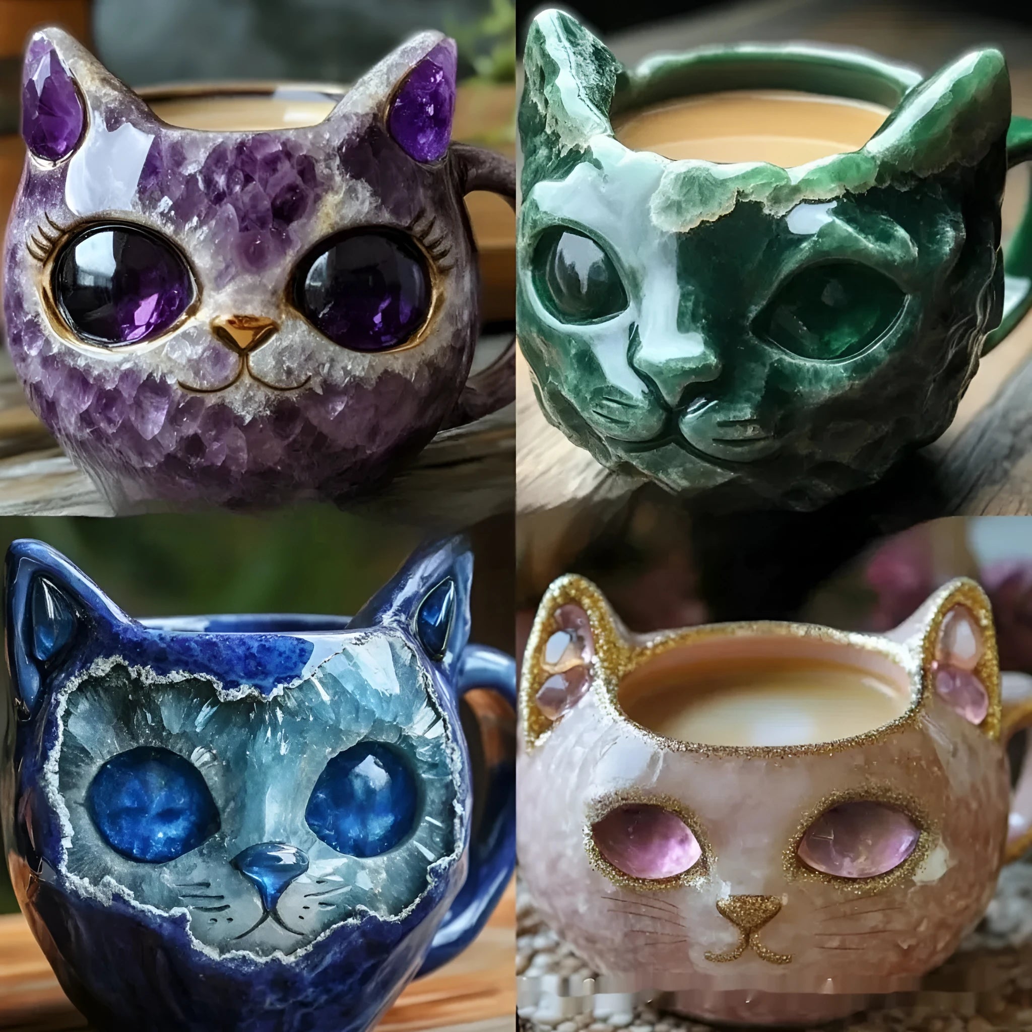 Purple geode cat mug with crystal design, synthetic resin construction, 11cm height
