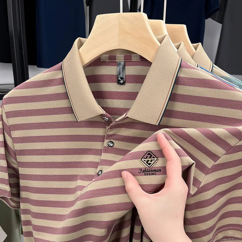 Men's striped casual short sleeve shirt with mosaic pattern detail in polyester fabric