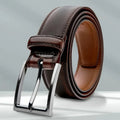 Men's genuine leather casual belt with an alloy buckle in brown, shown with length options from 110cm to 130cm