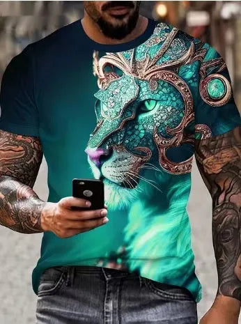 Men's black t-shirt with a fierce 3D lion head print on the front.