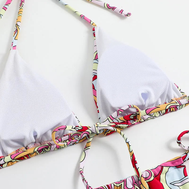 Women's triangle bikini swimsuit with hanging neck design and multicolour print