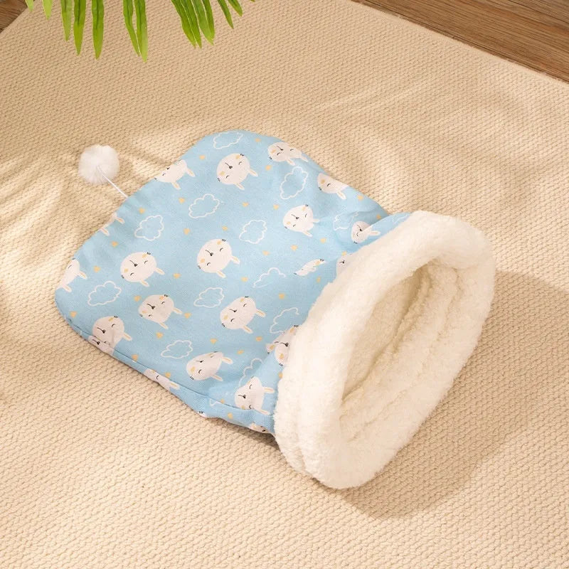 Flannel cat sleeping bag nest measuring 50cm by 40cm in blue rabbit design