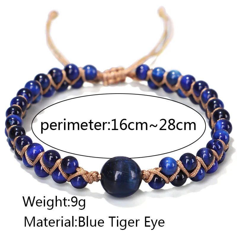 Handmade woven geometric pull bracelet with Tigereye stone beads in blue or amethyst colours