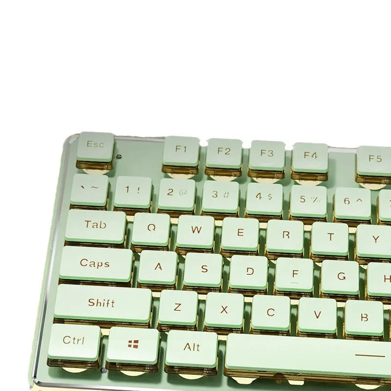 Prewalker V3 retro green coloured quiet keyboard and mouse set on a desk