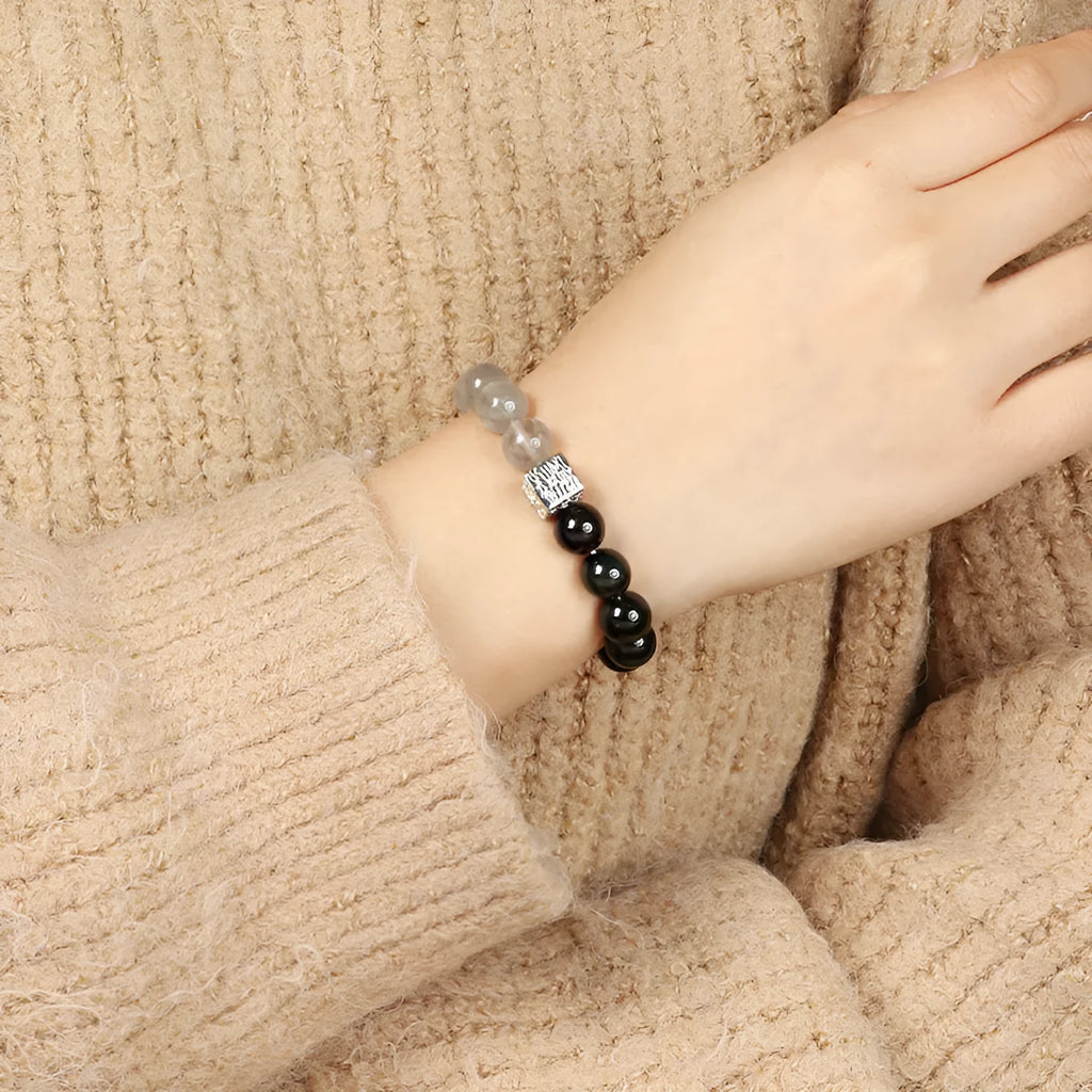 Khaki crystal couple bracelets with 10mm geometric beads in Chinese style design