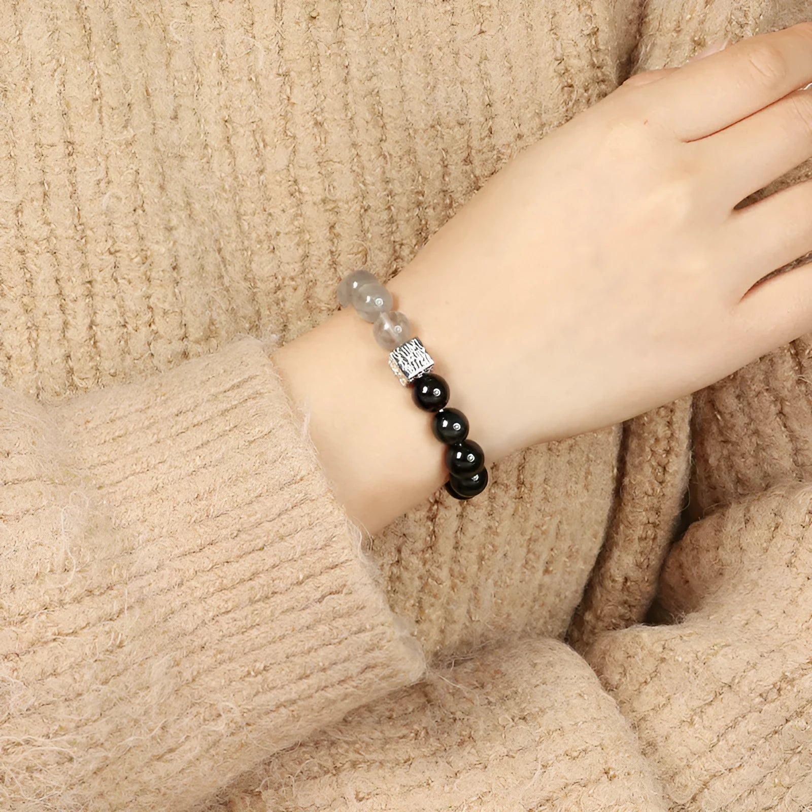 Khaki crystal couple bracelets with 10mm geometric beads in Chinese style design