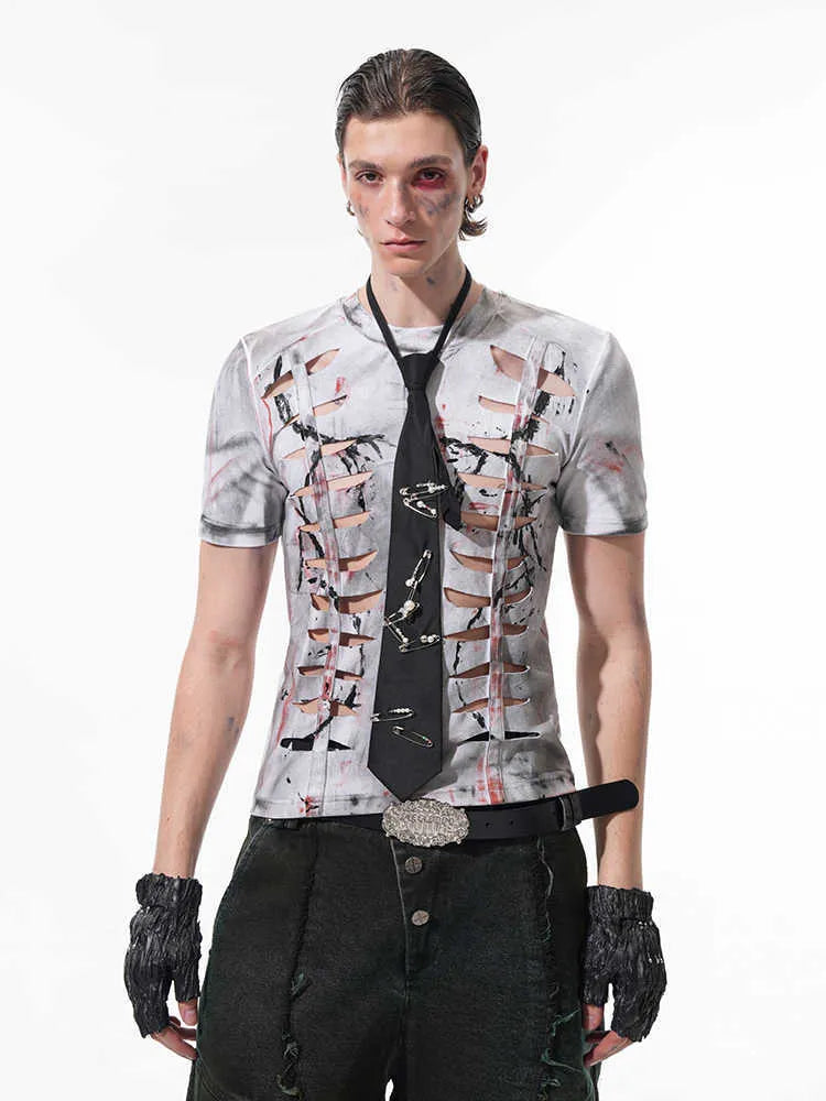 White men's t-shirt with hollow-out cut design on stretch cotton fabric