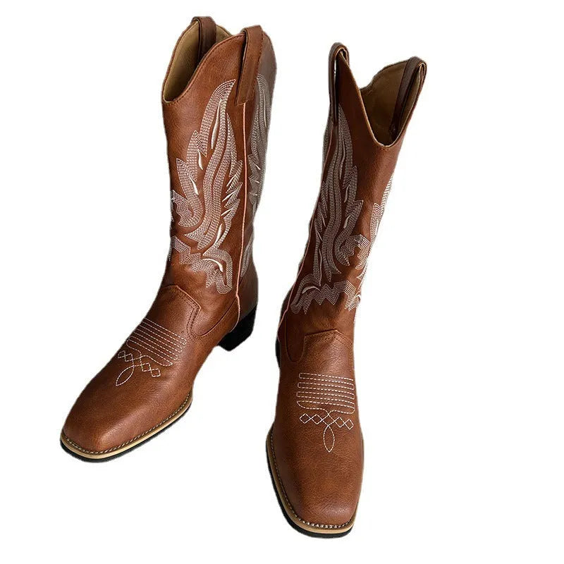 Brown women's mid-calf embroidered martin boots with leather lining and waterproof platform