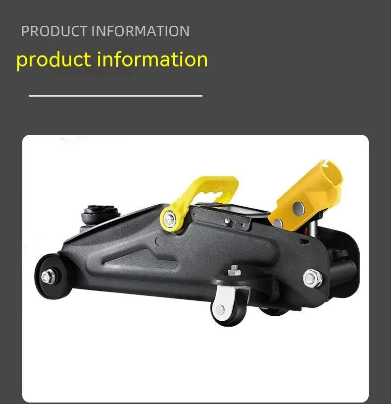 Horizontal hydraulic car jack with handle and compression member for low-profile vehicle tyre changes