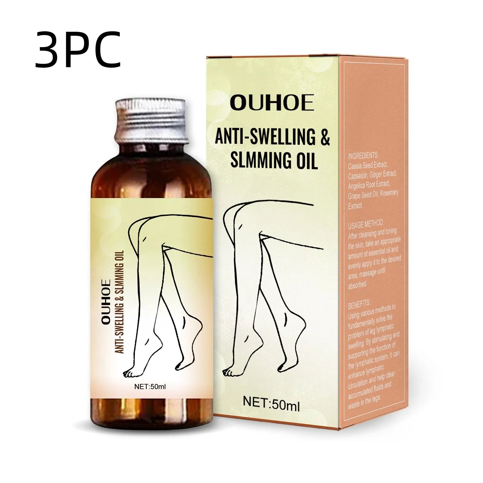 50ml bottle of moisturising essential oil with six extracts for body skin care and leg massage