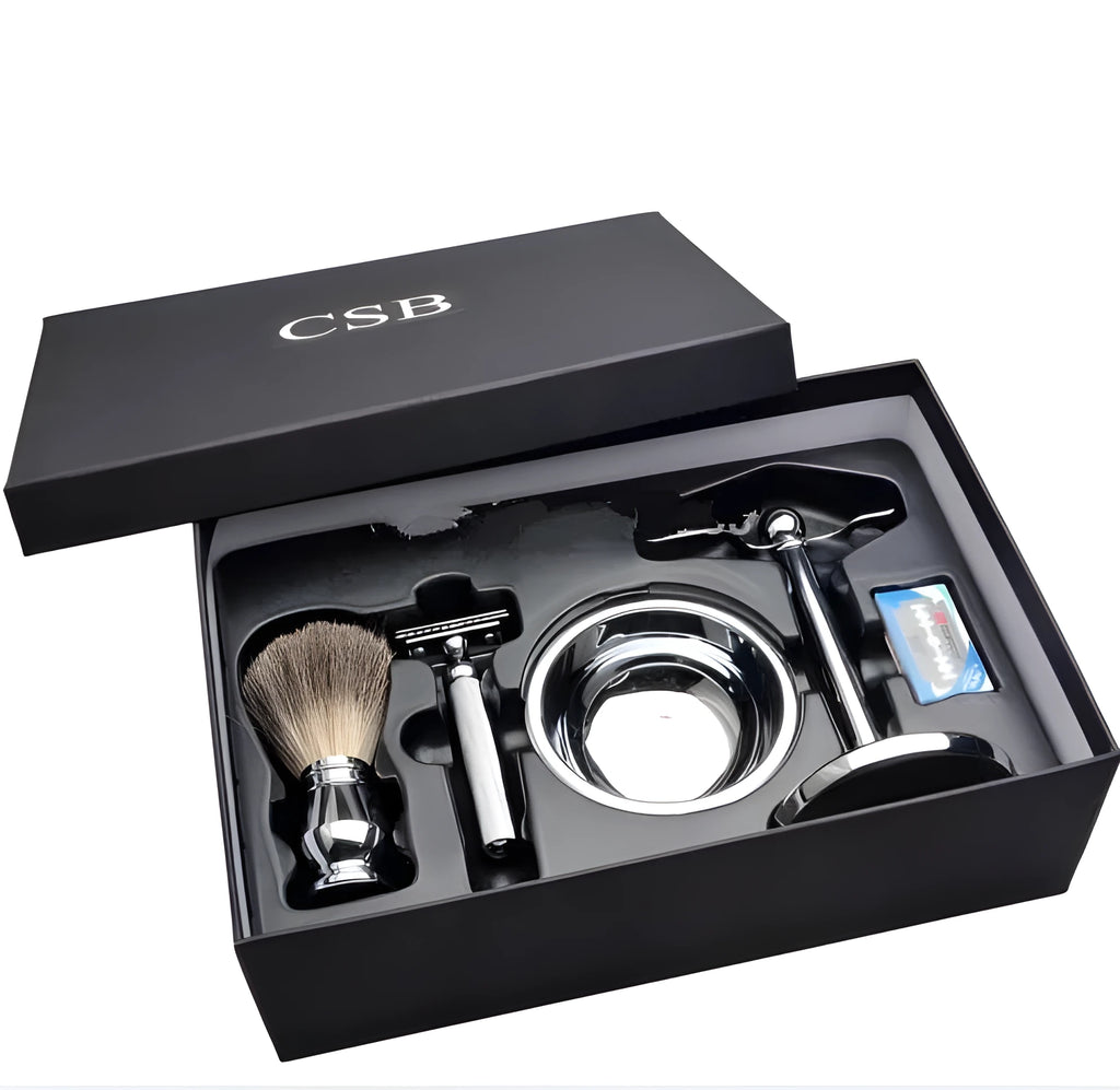 CSB men's shaving kit with chrome razor stand, badger hair brush, double edge razor, and zinc alloy soap bowl.