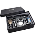 CSB men's shaving kit with chrome razor stand, badger hair brush, double edge razor, and zinc alloy soap bowl.