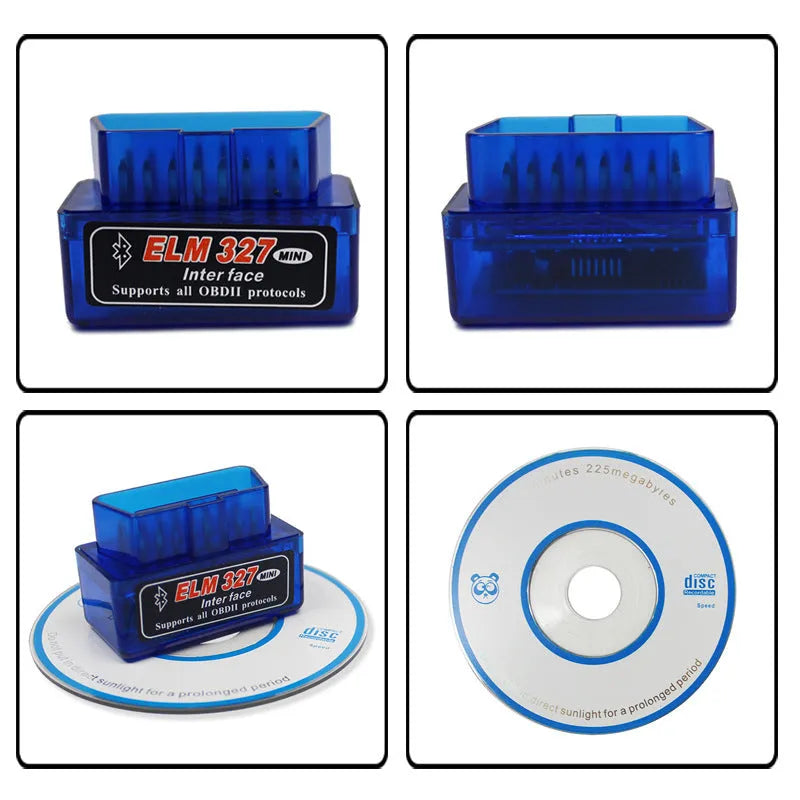 Mini Bluetooth OBD2 automotive diagnostic fault code scanner measuring 45x25x65mm
