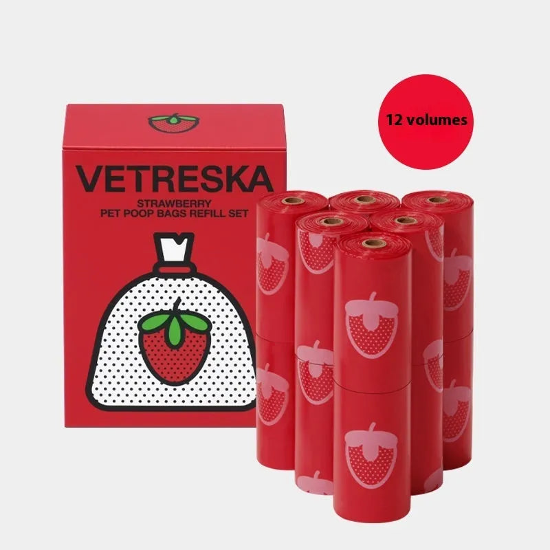 Thickened plastic dog poo bag holder capsule with scented biodegradable refill in strawberry, orange or cherry blossom design