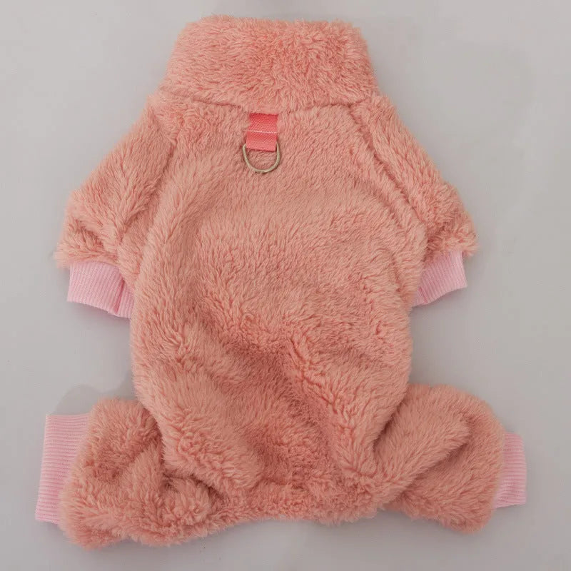 Four-legged dog clothes in plush cotton velvet with high collar and towing ring