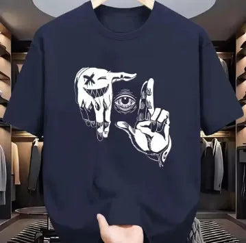 Men's mesh t-shirt with cartoon print design in multiple colour options showing round neck and short sleeves