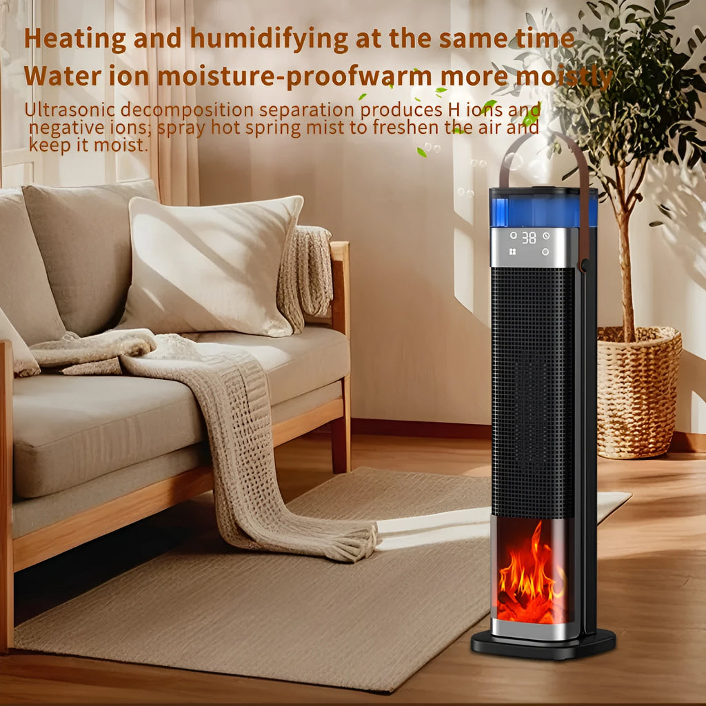 Tall, vertical intelligent heater with voice control and humidification function.
