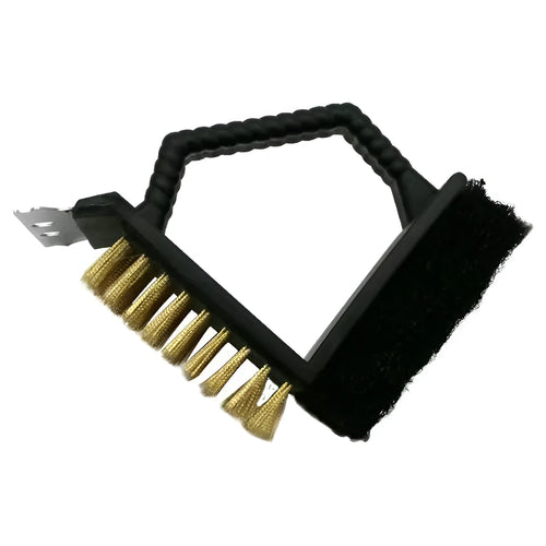 Triangular barbecue cleaning brush with steel wire bristles and blue PP handle