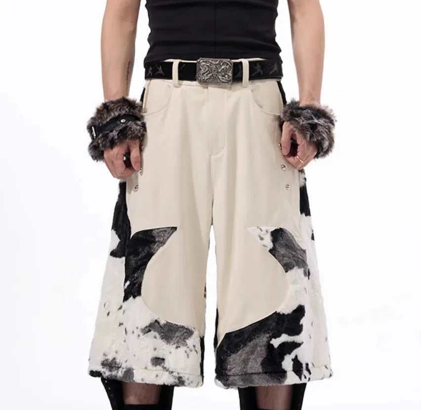 Cropped stitching milk fiber fur pants with checkered striped printed embroidered patterns in picture colour