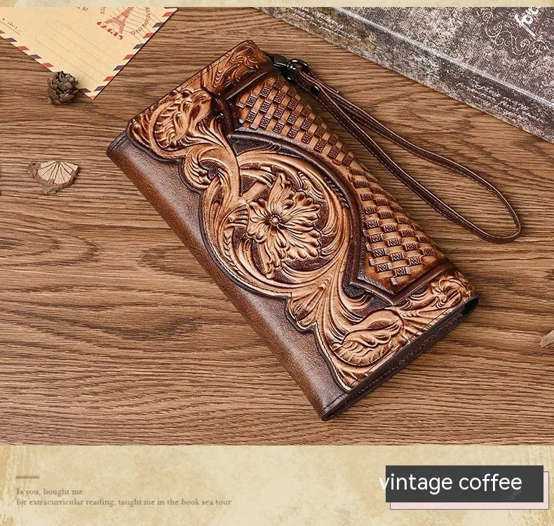 Chinese floral embossed tri-fold women's wallet in retro brown cowhide leather showing folded dimensions