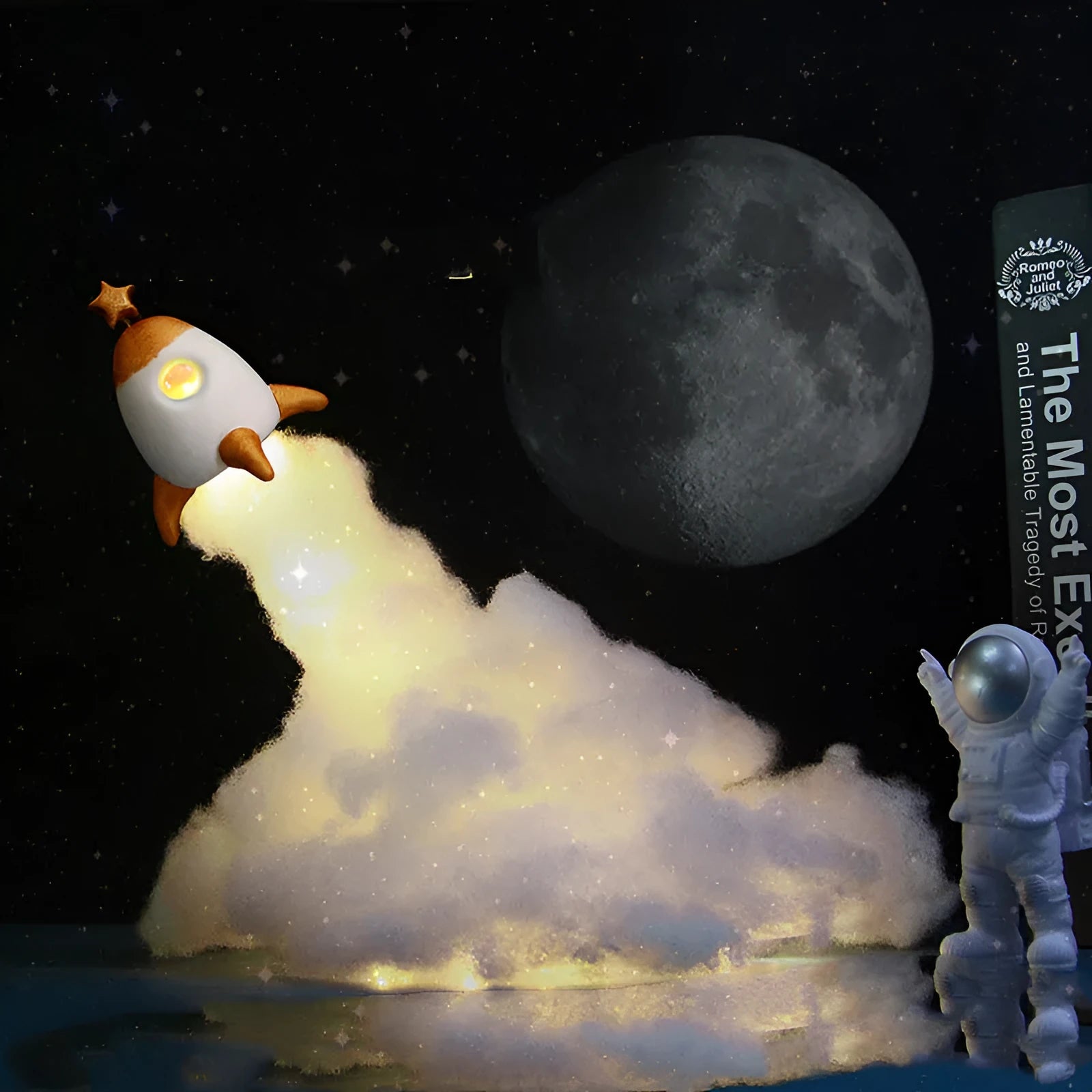 DIY astronaut rocket night light kit with LED string lights and build materials on a desktop