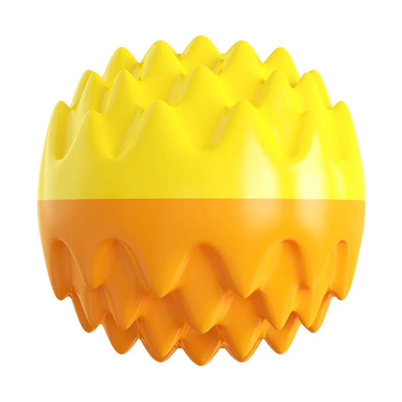 Blue and orange squeaky dog ball toy with spiky texture for dental cleaning and durable rubber construction