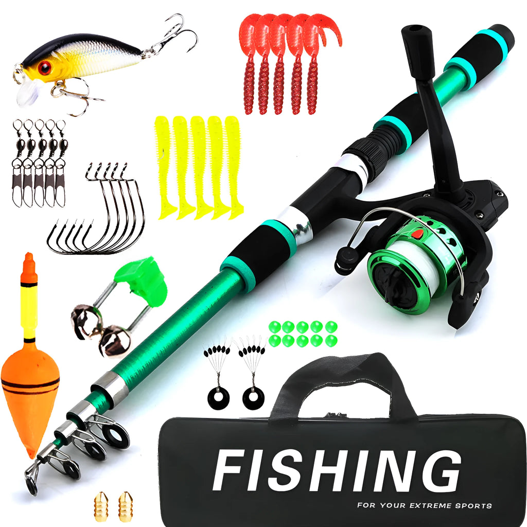 Children's beginner fishing rod and reel set in blue, green, red, or yellow colour options.