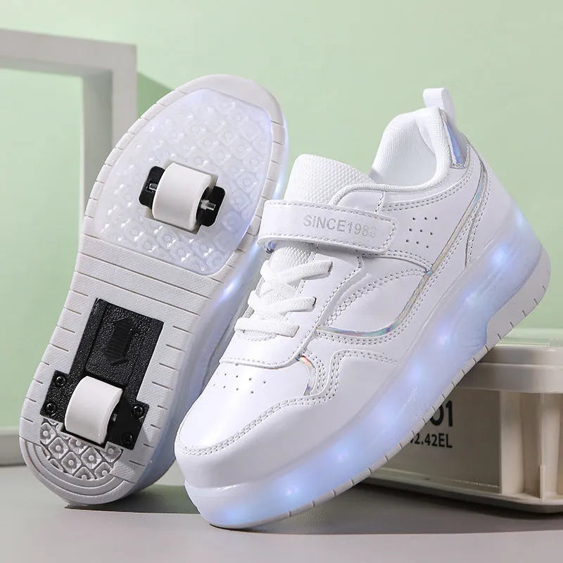 Children's charging flash roller skates with illuminated LED wheels in pink, available in two and four-wheel designs.