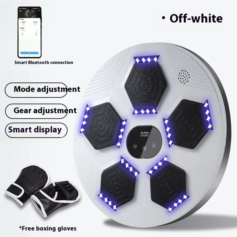 Smart music boxing machine reaction target with LED lights hanging on wall, includes boxing gloves