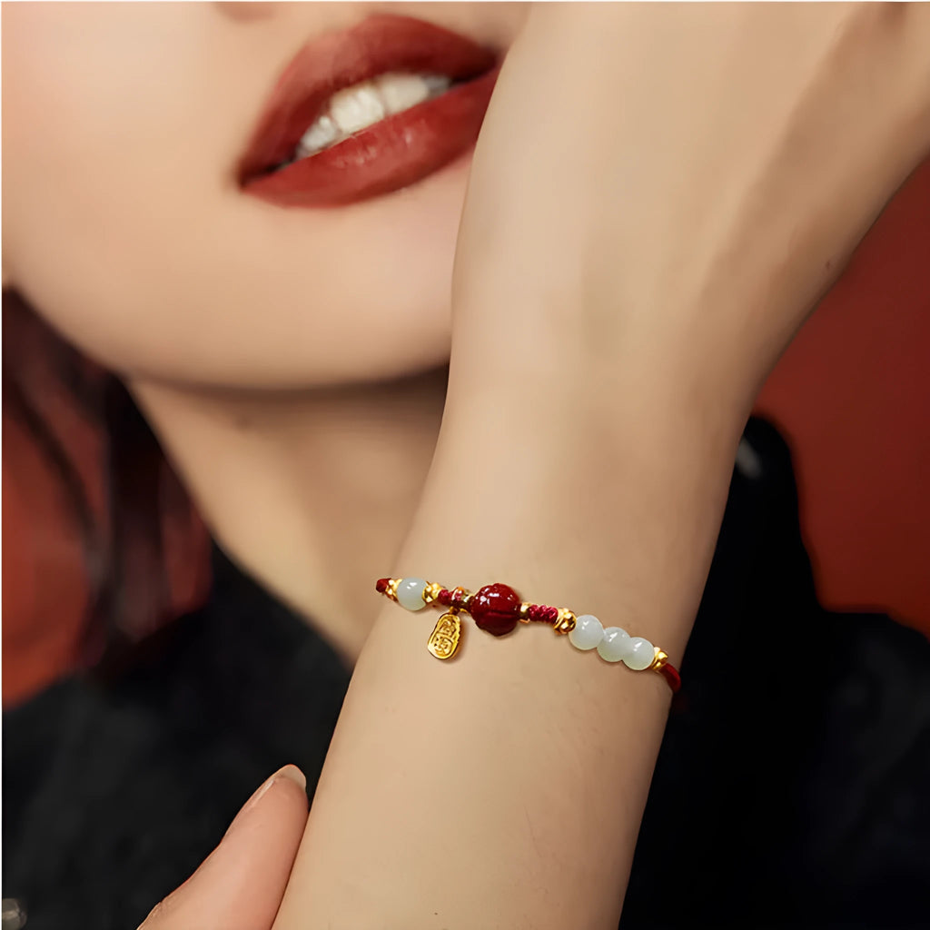 925 silver women's bracelet with Hetian jade and cinnabar red rope on adjustable chain