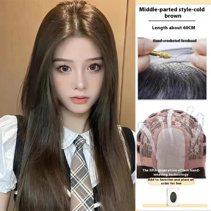 Forehead lace long straight full-head wig in dark brown colour with side bangs styling