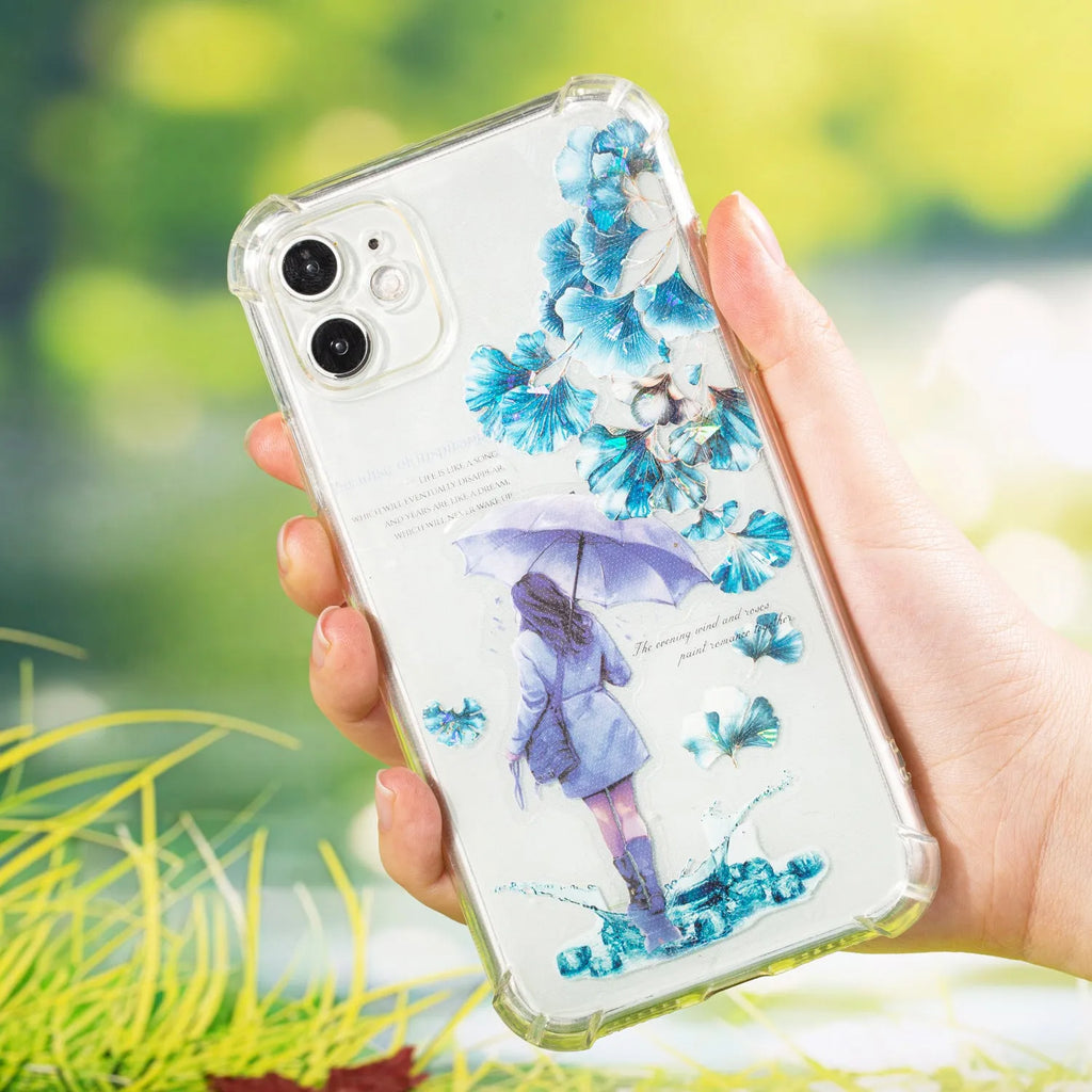 Roll of Deciduous Poetry Series 40mm wide decorative PET stickers showing six leaf designs including ginkgo and maple.