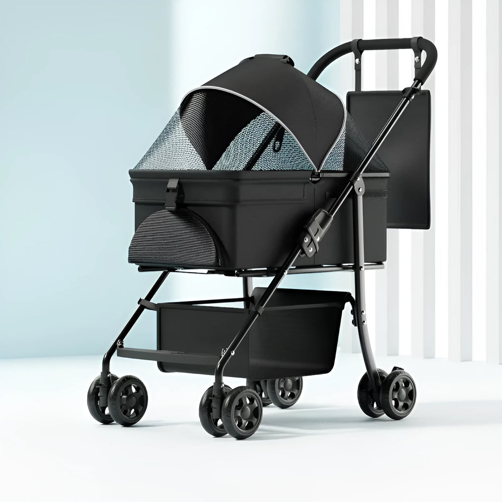 Black one-click folding pet cart with removable design and metal frame
