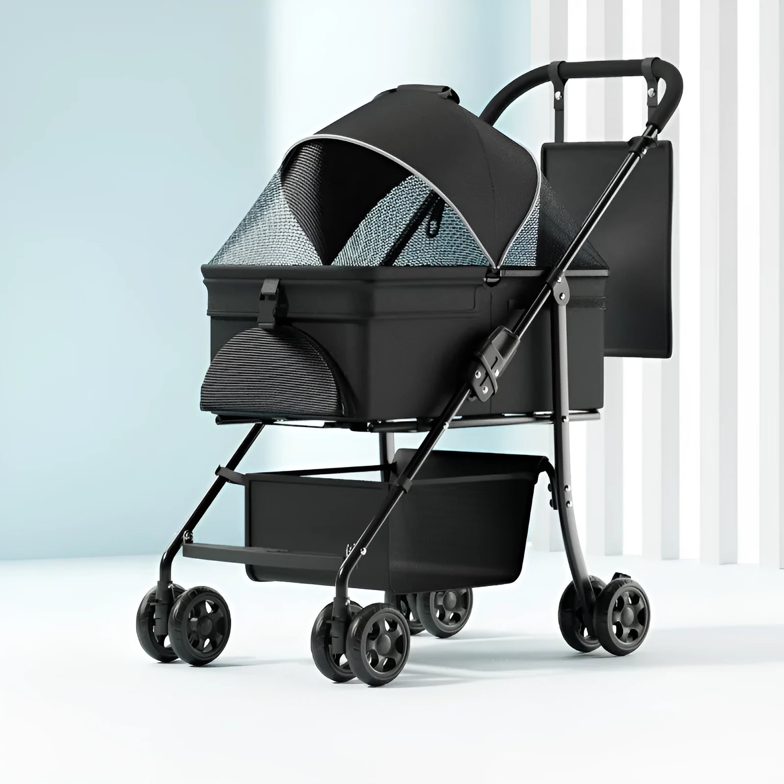 Black one-click folding pet cart with removable design and metal frame