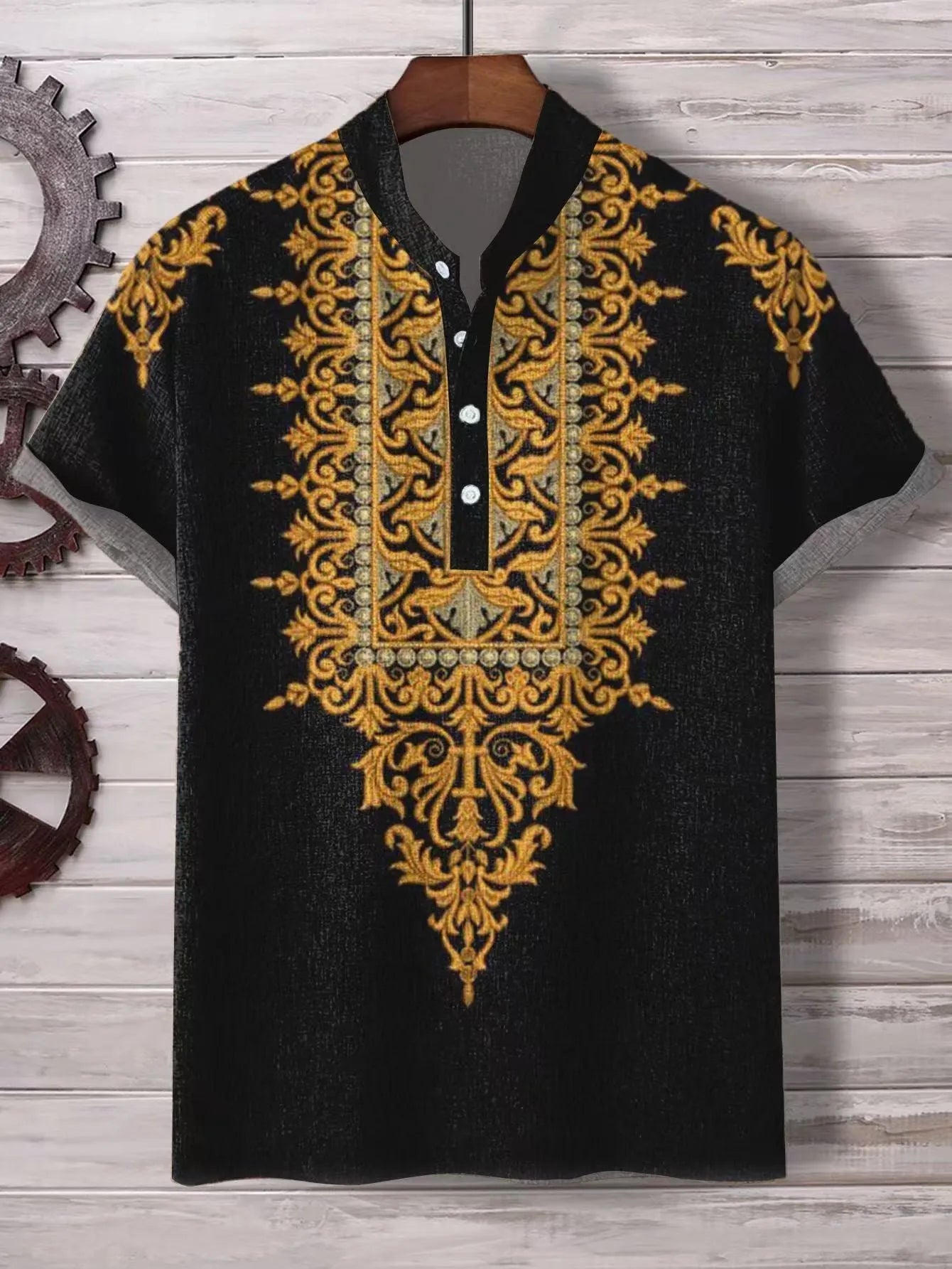 Men's loose fit casual shirt with stripe pattern in polyester fabric showing colour and sizing options