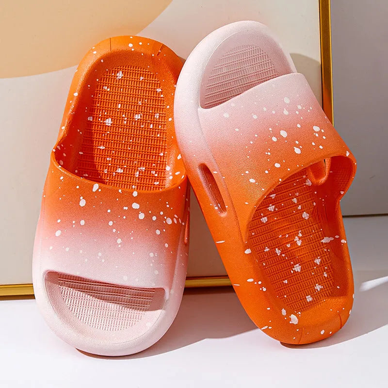 Gradient colour PVC slippers for children on a white background, showing European style design.