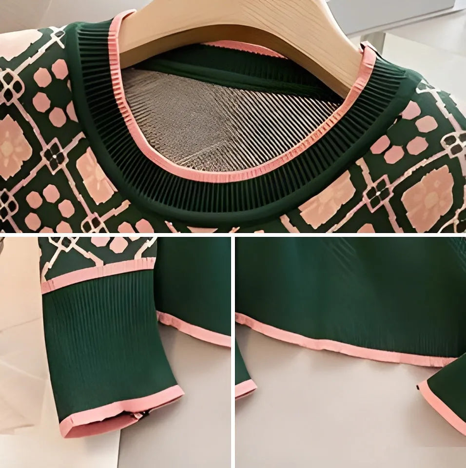 Green women's printed sweater with loose fit and regular sleeves for commuting wear
