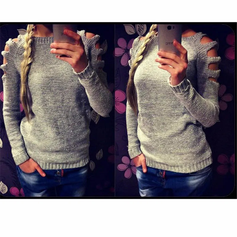 White women's knitted shirt with hollow-out sleeves and round neck