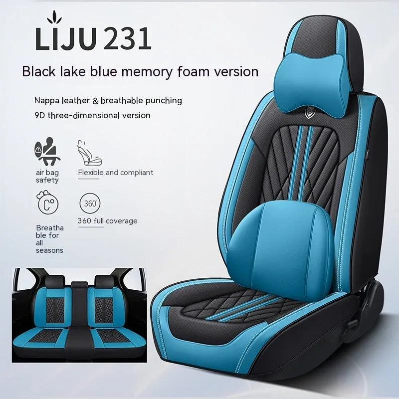 Five-piece leather car seat cushion set in various colour options with hemmed edge detailing