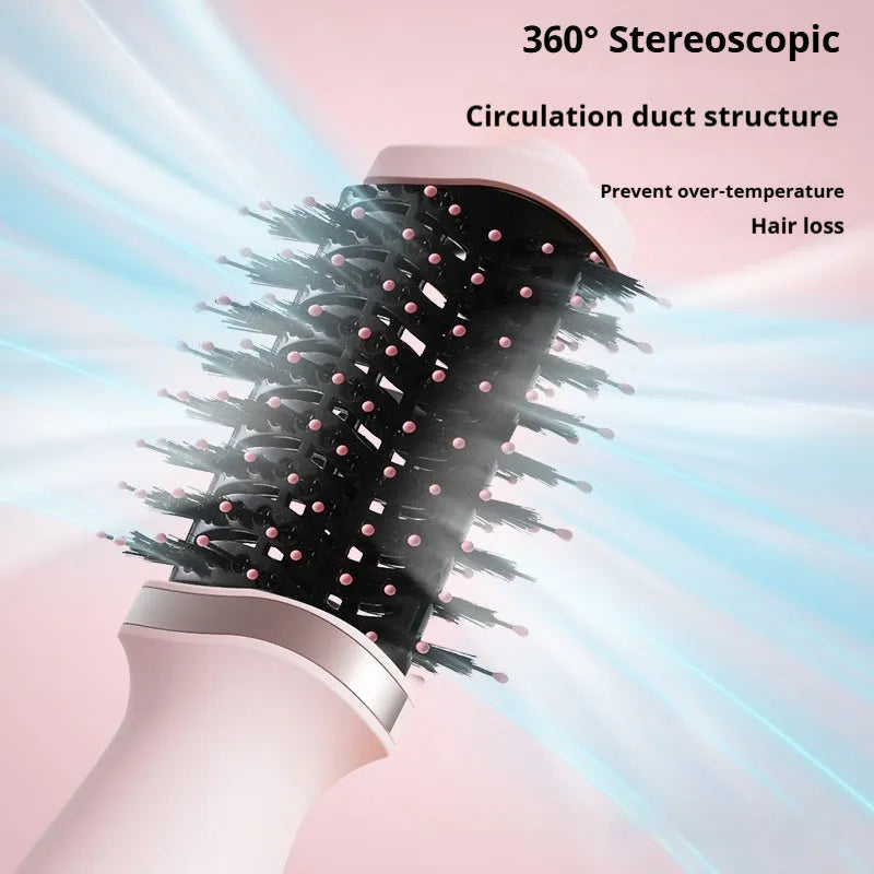 Pink multifunctional hair dryer with integrated comb and curling attachments for drying and styling hair