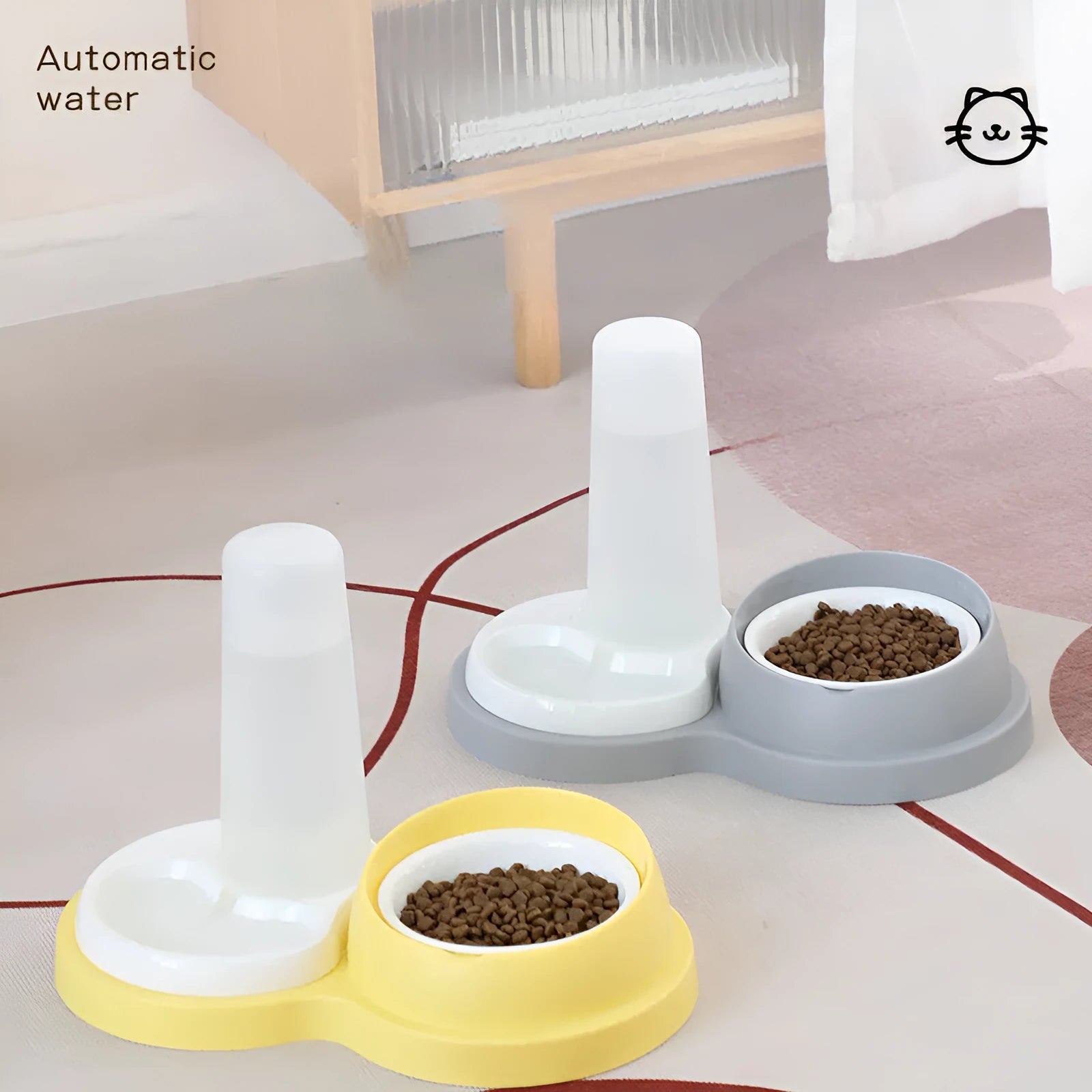 Grey and yellow pet feeding bowl set with dual ceramic bowls, neck protection collar, and stainless steel base