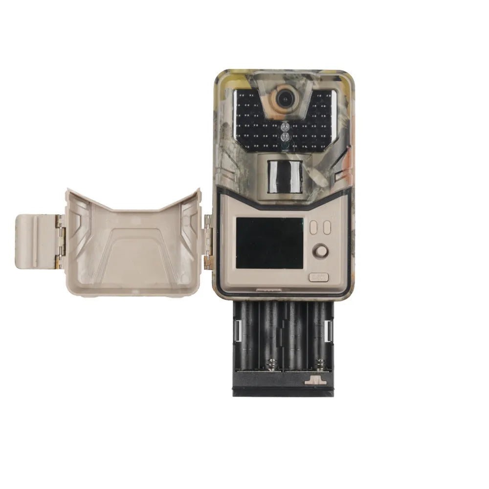Camouflaged outdoor Bluetooth hunting camera with infrared LEDs for night vision.