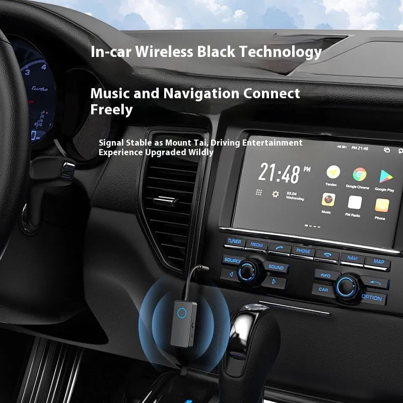 Black Bluetooth 5.4 audio adapter with 3.5mm plug for wireless audio conversion