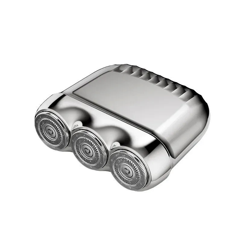 Three-head magnetic electric shaver in gun metal, orange, green or blue colours with floating cutter adjustment