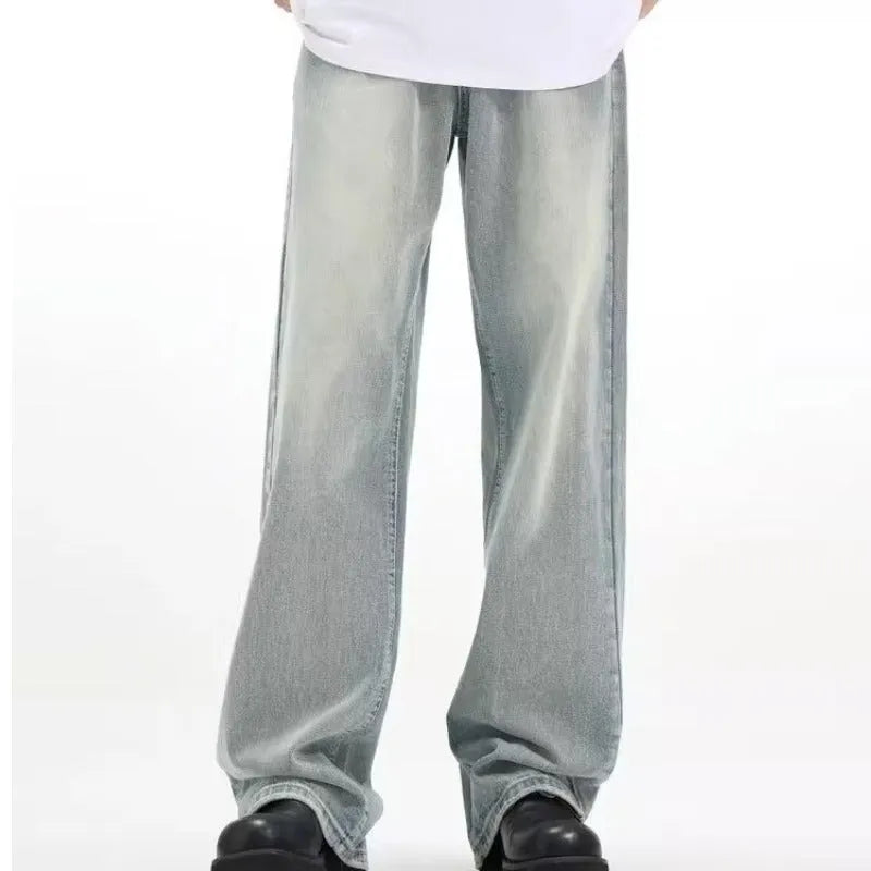 Blue rabbit fur retro casual trousers with a loose fit and elasticated waistband.